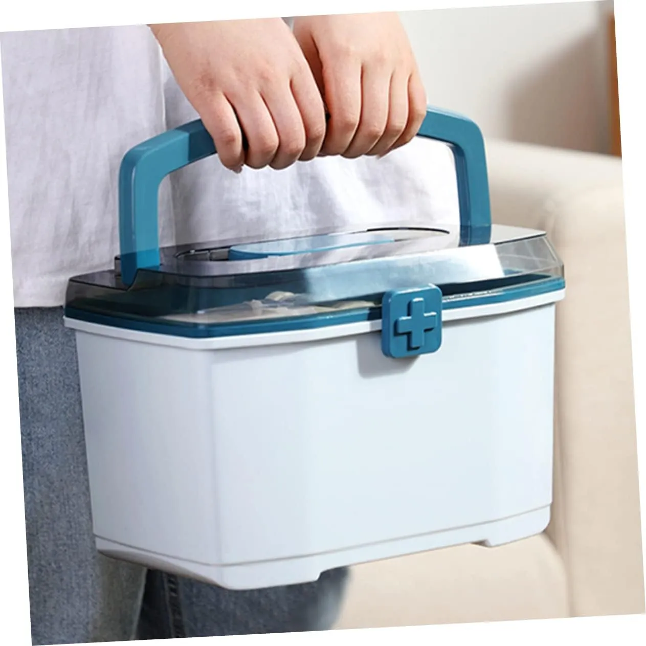 Portable Double Medicine Case Transparent First Aid Organizer Removable Tray Lightweight and Lockable for Home Office Outdoor Travel and Family Use