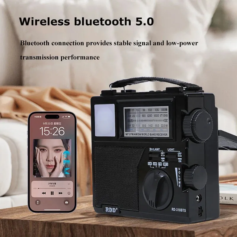 Portable Emergency Radio Solar FM/AM/SW Receiver with LED Flashlight - Bluetooth Speaker and Phone Charger