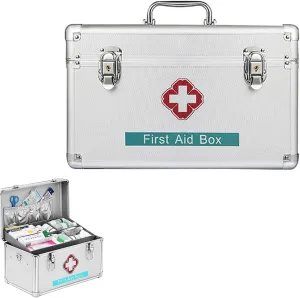 Portable First Aid Kit,Camping Emergency Kit,Contain Removable Tray Multi-Functional Family Emergency Kit Box with Handle，Silver,10in
