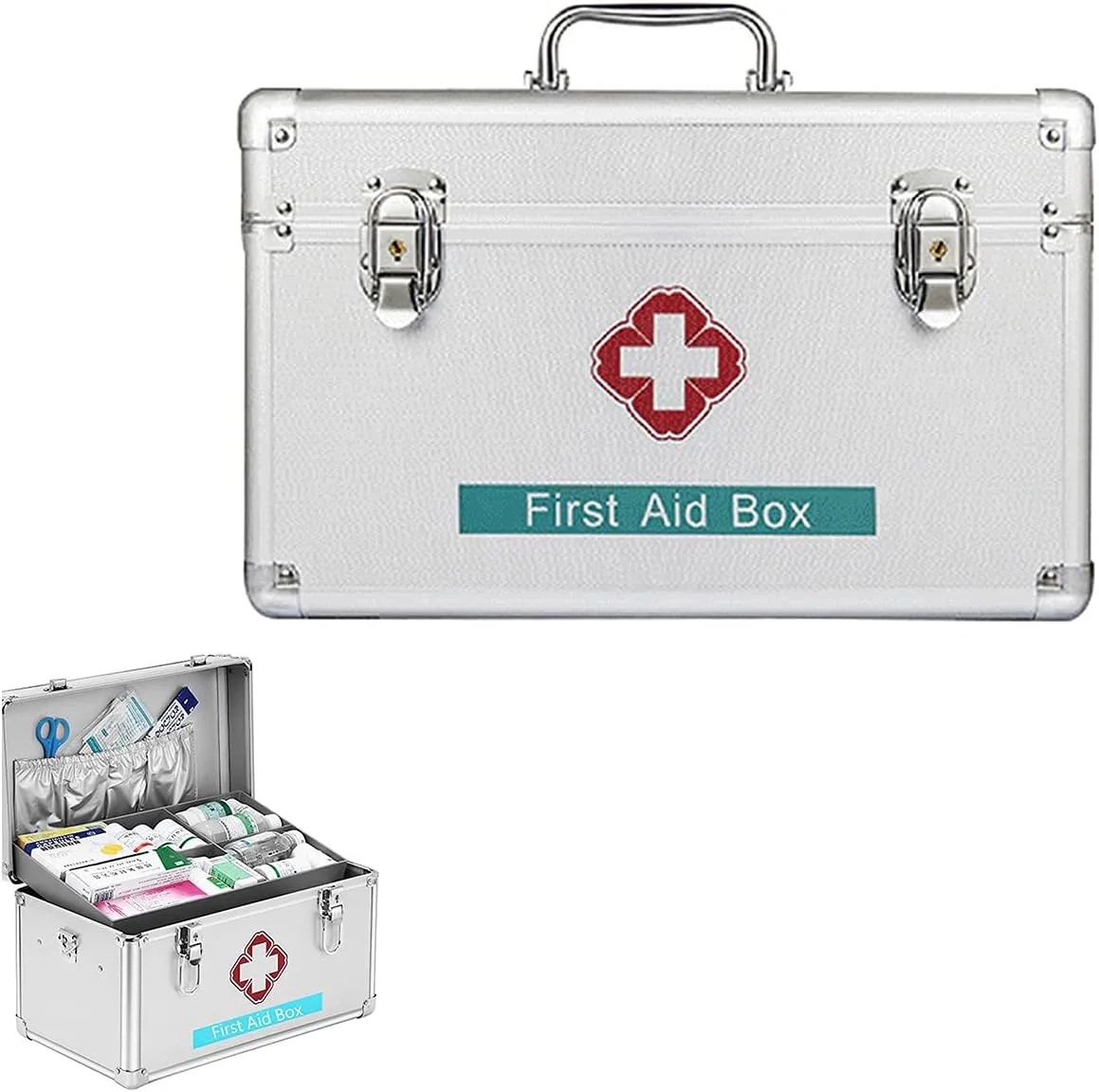 Portable First Aid Kit,Camping Emergency Kit,Contain Removable Tray Multi-Functional Family Emergency Kit Box with Handle，Silver,10in