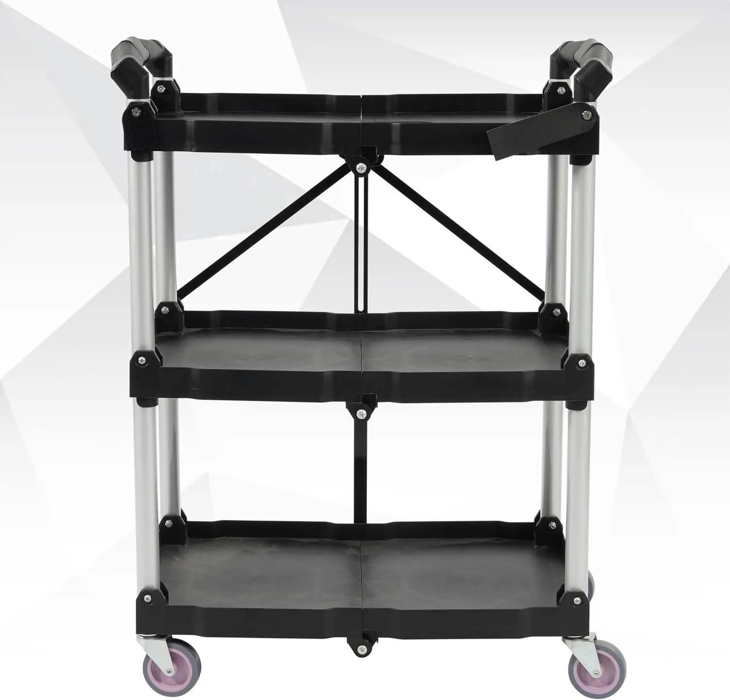 Portable Folding Collapsible Service Cart Foldable Service Cart 3 Tier Collapsible Push Cart Folding Utility Carts with Wheels for Office Warehouse Home, Black