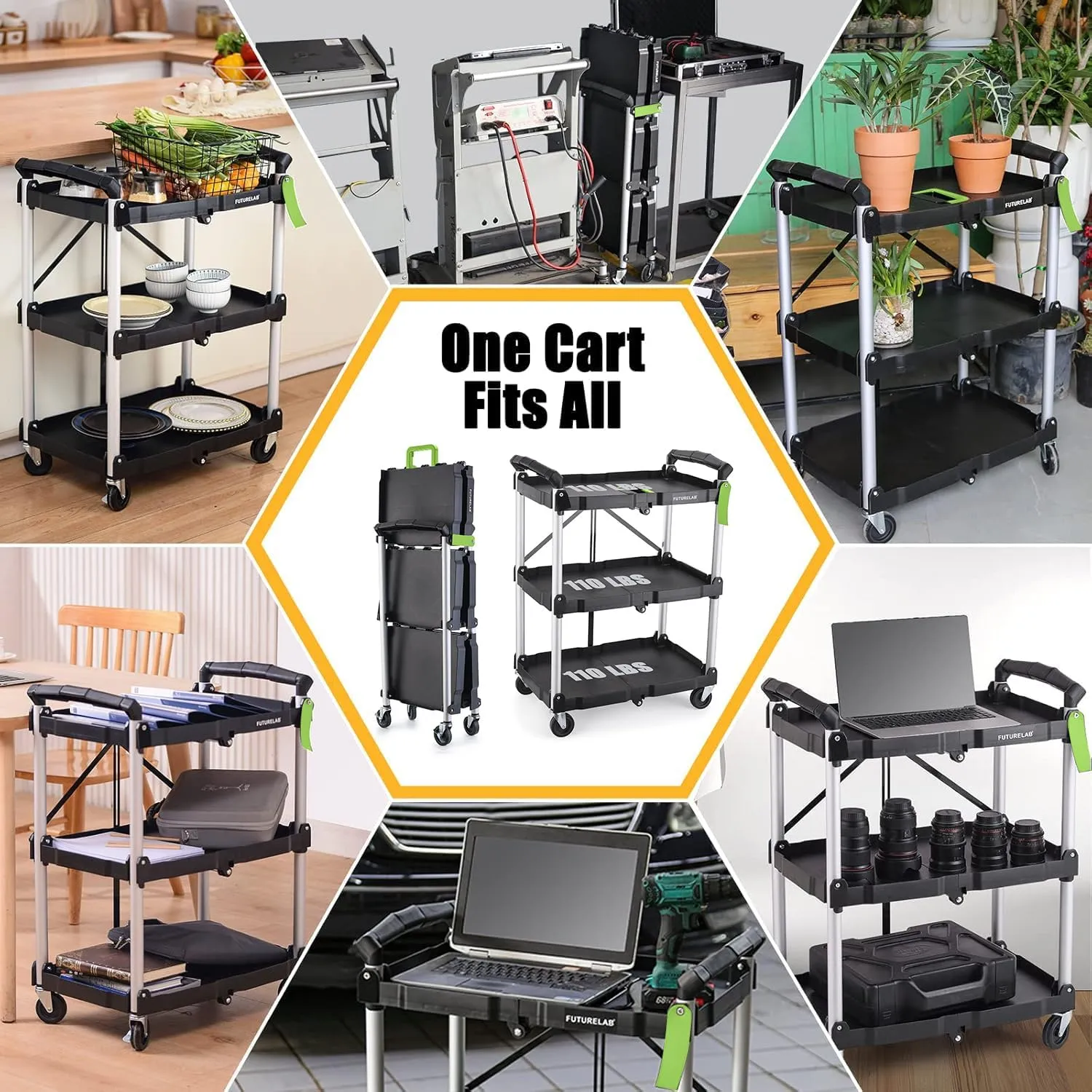 Portable Folding Service Cart - 3 Tier 330LBS Capacity - Rolling Cart Utility Cart Foldable Cart with Wheels for Warehouse Home Workshops Garages Restaurants Offices (Green)