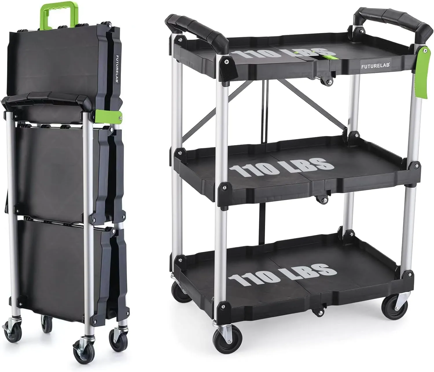 Portable Folding Service Cart - 3 Tier 330LBS Capacity - Rolling Cart Utility Cart Foldable Cart with Wheels for Warehouse Home Workshops Garages Restaurants Offices (Green)