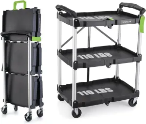 Portable Folding Service Cart - 3 Tier 330LBS Capacity - Rolling Cart Utility Cart Foldable Cart with Wheels for Warehouse Home Workshops Garages Restaurants Offices (Green)