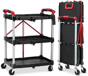 Portable Folding Service Cart,PioneerWorks 3 Tier Collapsible Push Cart,56 lbs Load Capacity/Shelf.Lockable Wheels,Ideal Rolling Tool Storage Organizer for Garage,Workshop & Industrial Use.