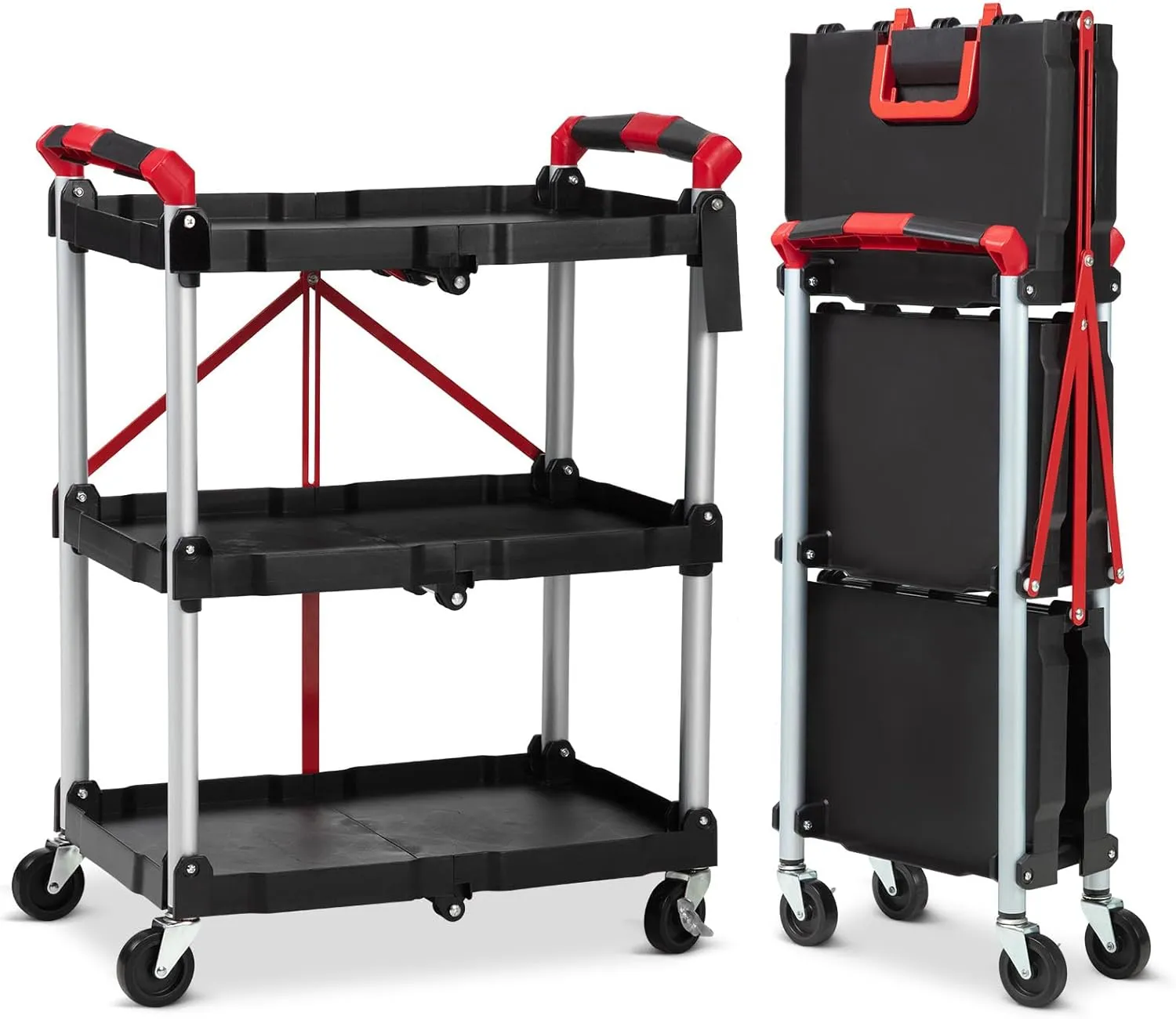 Portable Folding Service Cart,PioneerWorks 3 Tier Collapsible Push Cart,56 lbs Load Capacity/Shelf.Lockable Wheels,Ideal Rolling Tool Storage Organizer for Garage,Workshop & Industrial Use.