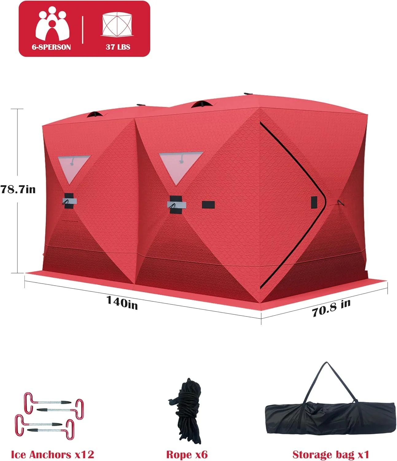 Portable Ice Fishing Shelter - Spacious 3 to 4-Person Pop-Up Ice Fishing Tent - Durable and Weather Resistant Winter Fishing Shelter - Lightweight and Easy to Set Up - Red/Blue