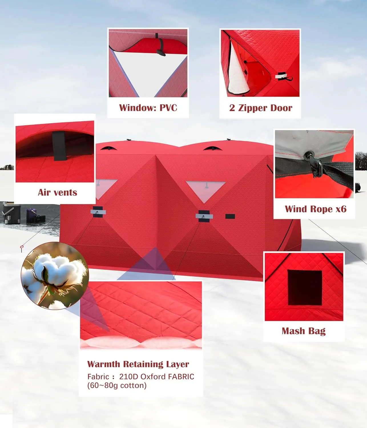 Portable Ice Fishing Shelter - Spacious 3 to 4-Person Pop-Up Ice Fishing Tent - Durable and Weather Resistant Winter Fishing Shelter - Lightweight and Easy to Set Up - Red/Blue