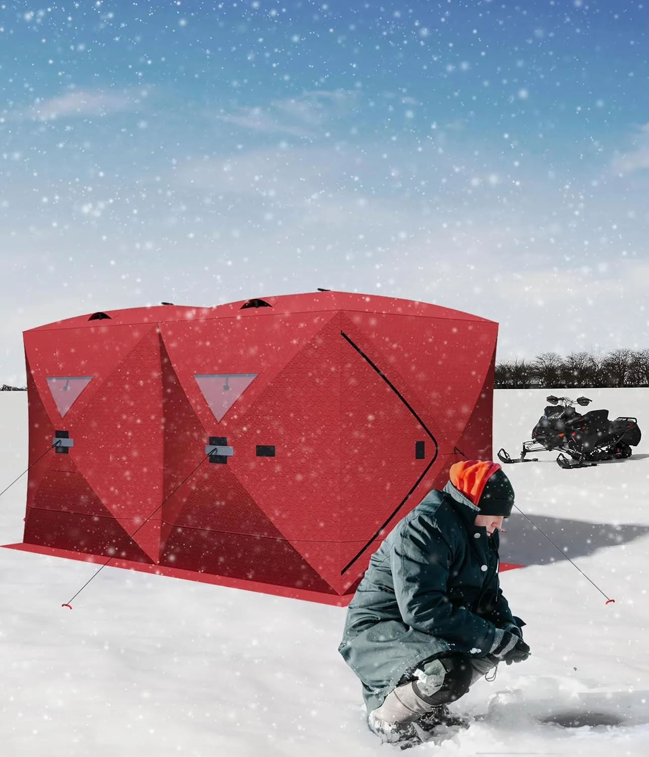 Portable Ice Fishing Shelter - Spacious 3 to 4-Person Pop-Up Ice Fishing Tent - Durable and Weather Resistant Winter Fishing Shelter - Lightweight and Easy to Set Up - Red/Blue