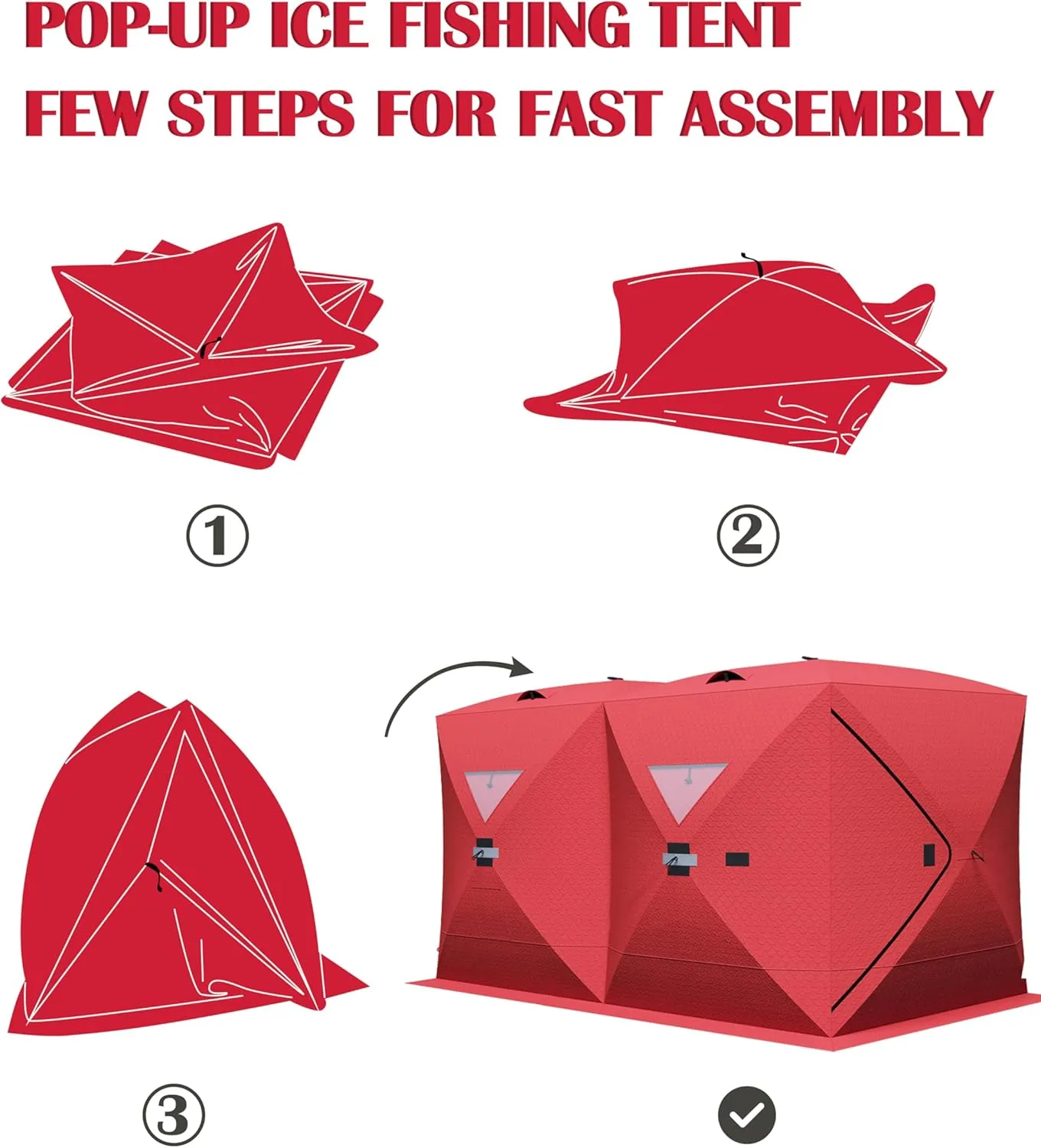 Portable Ice Fishing Shelter - Spacious 3 to 4-Person Pop-Up Ice Fishing Tent - Durable and Weather Resistant Winter Fishing Shelter - Lightweight and Easy to Set Up - Red/Blue