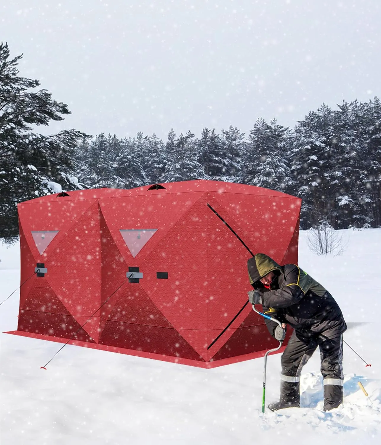 Portable Ice Fishing Shelter - Spacious 3 to 4-Person Pop-Up Ice Fishing Tent - Durable and Weather Resistant Winter Fishing Shelter - Lightweight and Easy to Set Up - Red/Blue