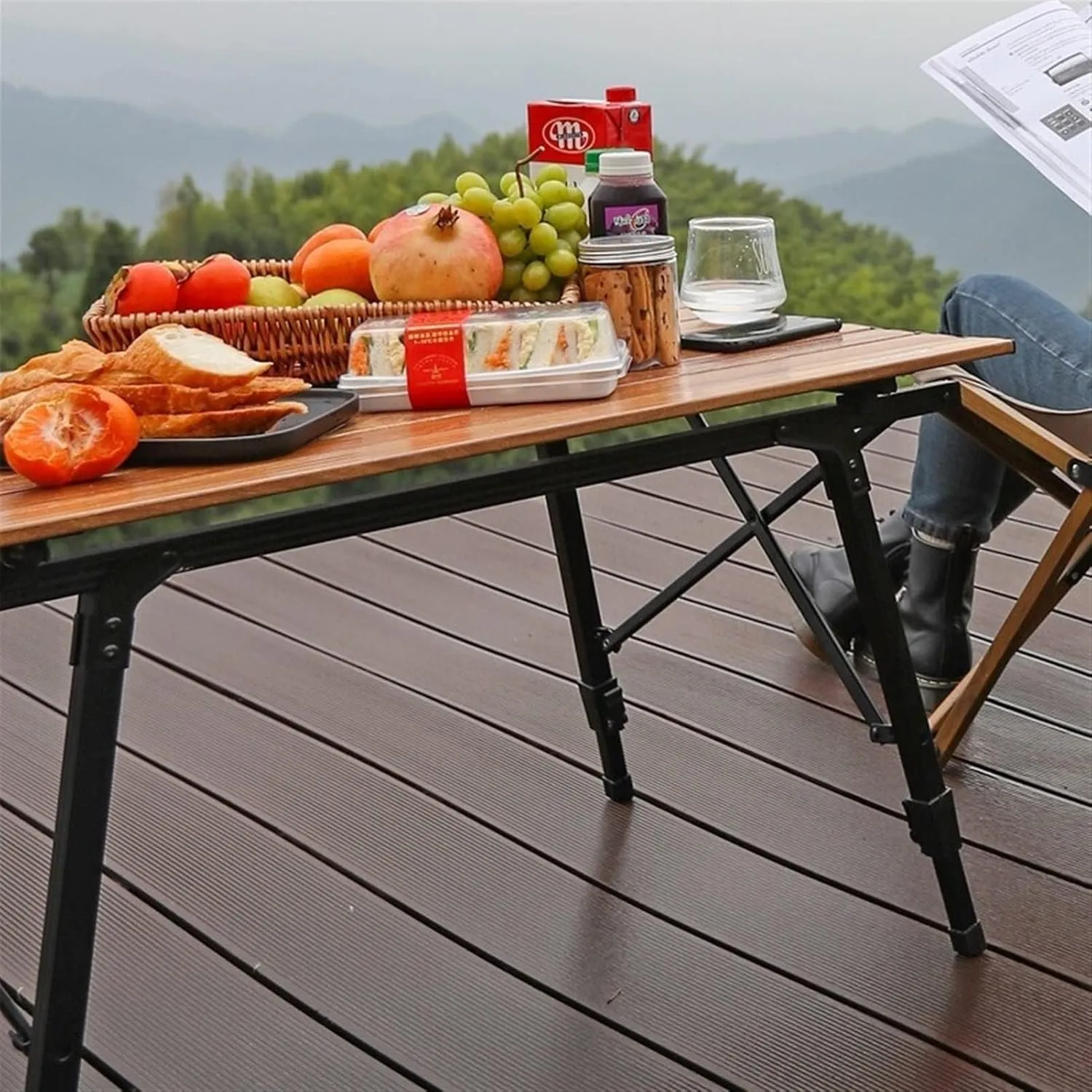Portable Picnic Table, Folding Roll Up Camping Travel Table, Wood Grain Table, with Carry Bag (颜色 : Lifting Table 2 Chair)