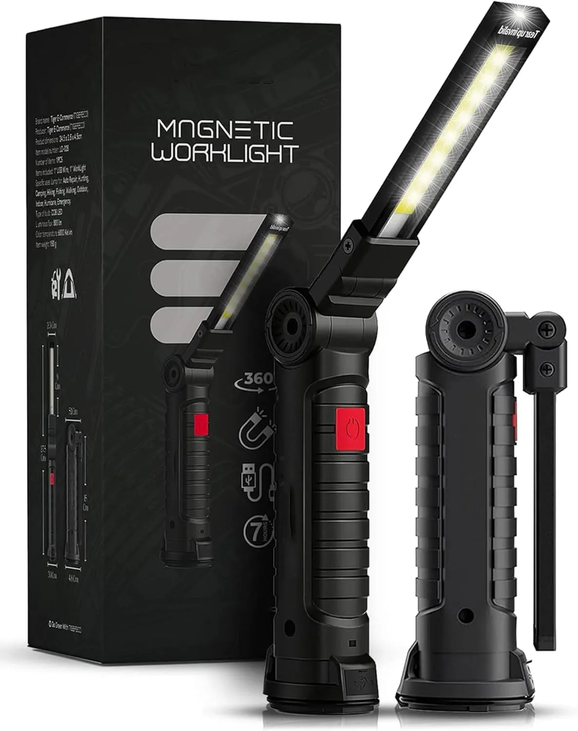 Portable Rechargeable Torch LED Flashlight with 5 Lighting Modes and 360°Rotate, LED Work Light with Magneticfor Mechanics Car Repair Home, Garage, Emergency, Camping