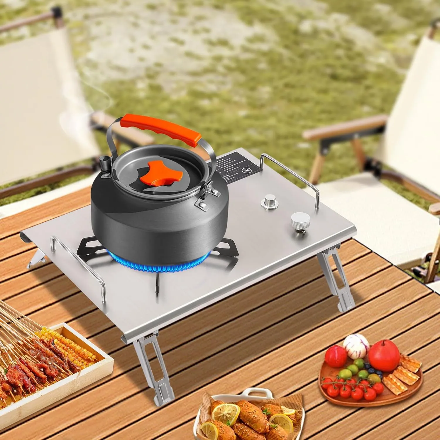 Portable Single-Burner Gas Stove, Foldable Electronic Ignition Outdoor Camping Cooking Stove, Intense Firepower Utility Stove with Storage Bag, Use for Outdoor Activities (Silver)