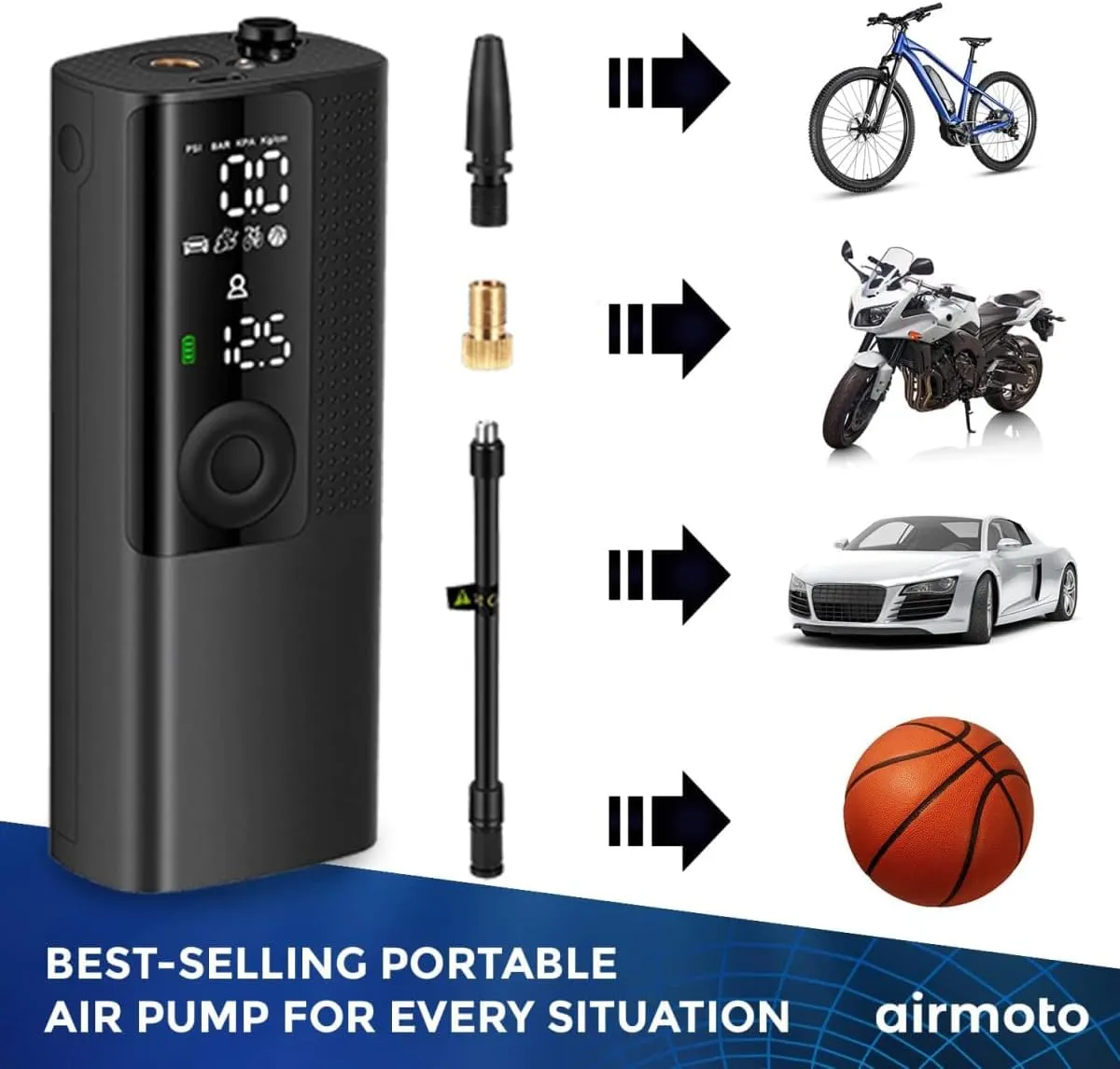 Portable Tire Inflator & Air Compressor with Gauge - Smart Pump for Car, Bike & More