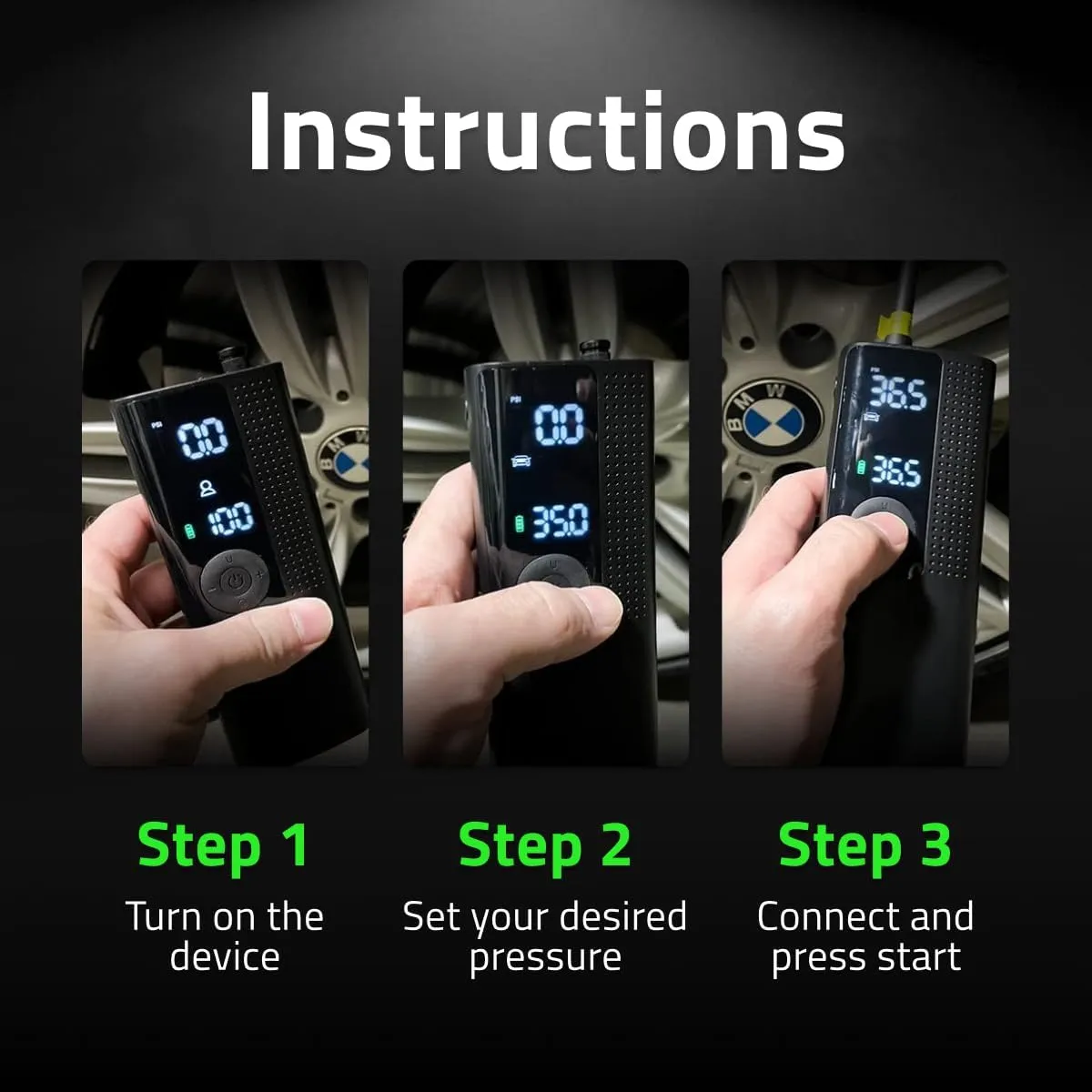 Portable Tire Inflator & Air Compressor with Gauge - Smart Pump for Car, Bike & More