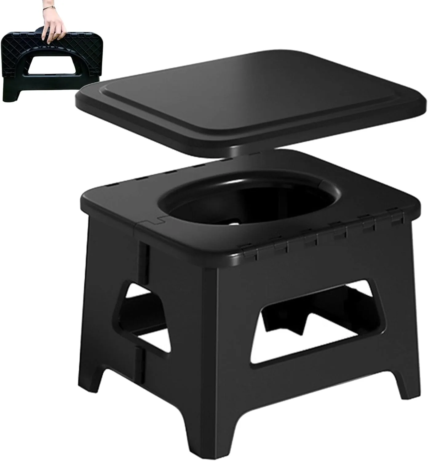 Portable Toilet for Adults Foldable 100kg Load Capacity PP Portable Potty with Lid as Stool Black Travel Potty for Camping, Picnic, BBQ, Outdoor Toilet
