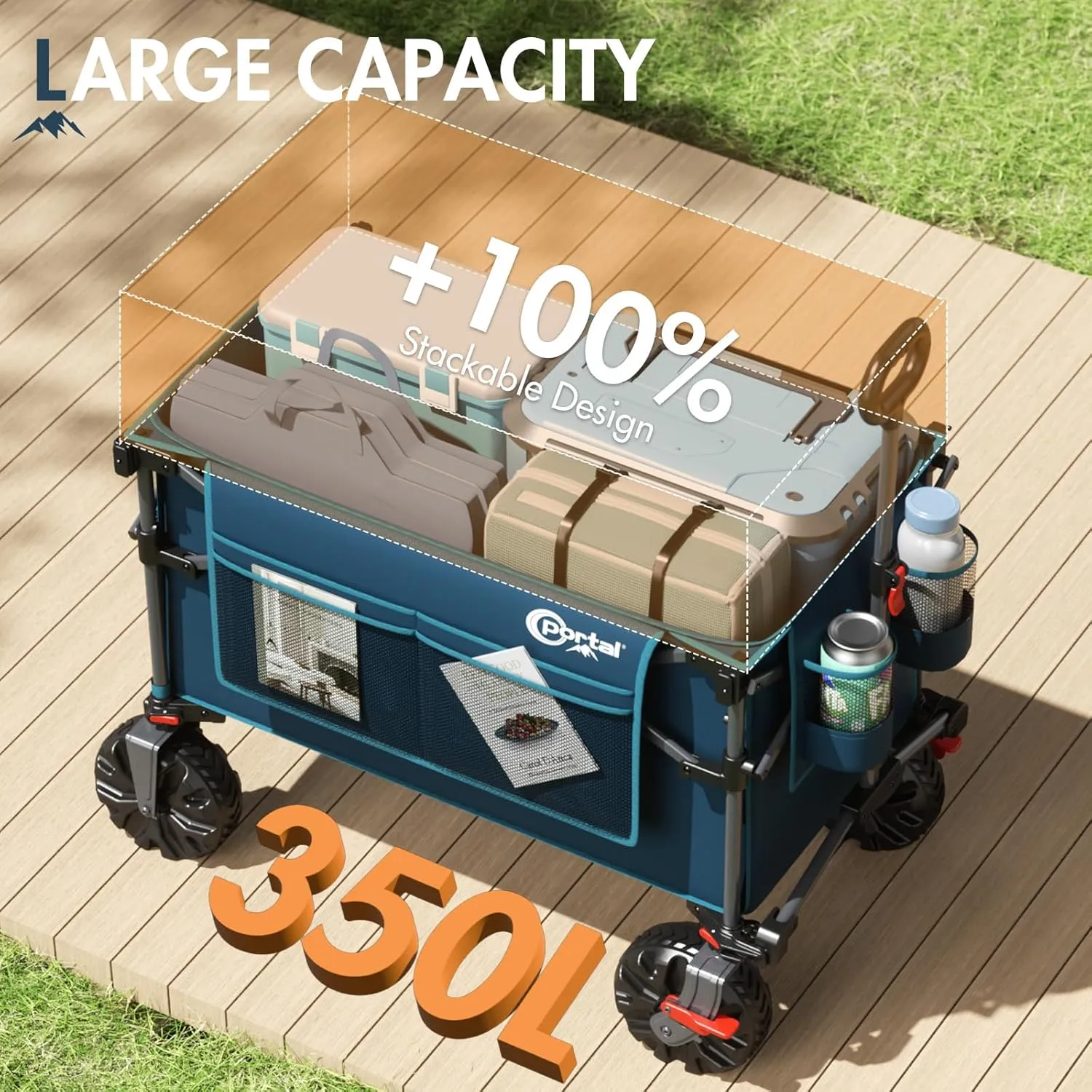 Portal 350L Collapsible Wagon Cart with Removable Canopy, 270Lb Folding Utility Cart with Rear Door for Pet, Camping, Beach, and Outdoor Adventures