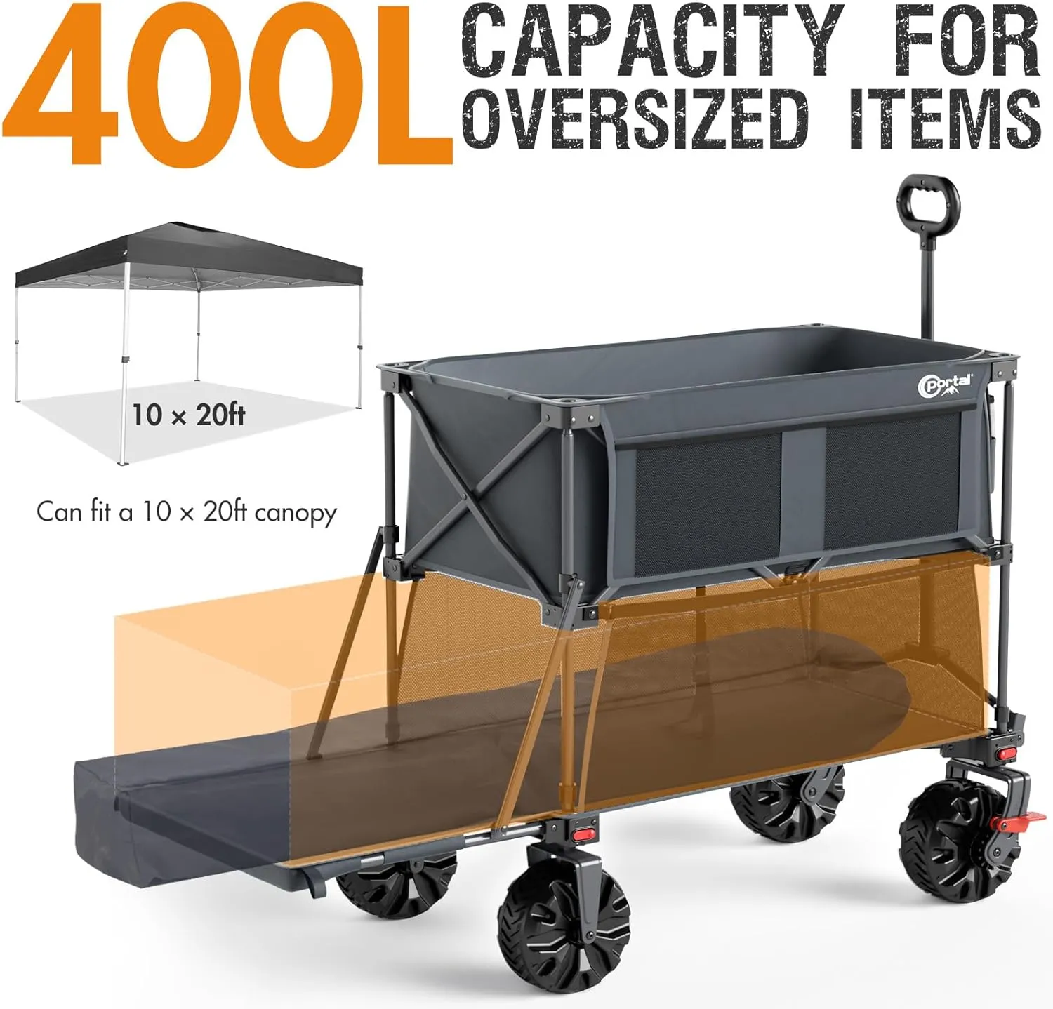 PORTAL 400L Large Capacity Collapsible Double Decker Wagon with Brakes, 450LB Heavy Duty Folding Cart with Tailgate, Foldable Utility Wagons for Camping, Beach, Garden, Sports, Shopping