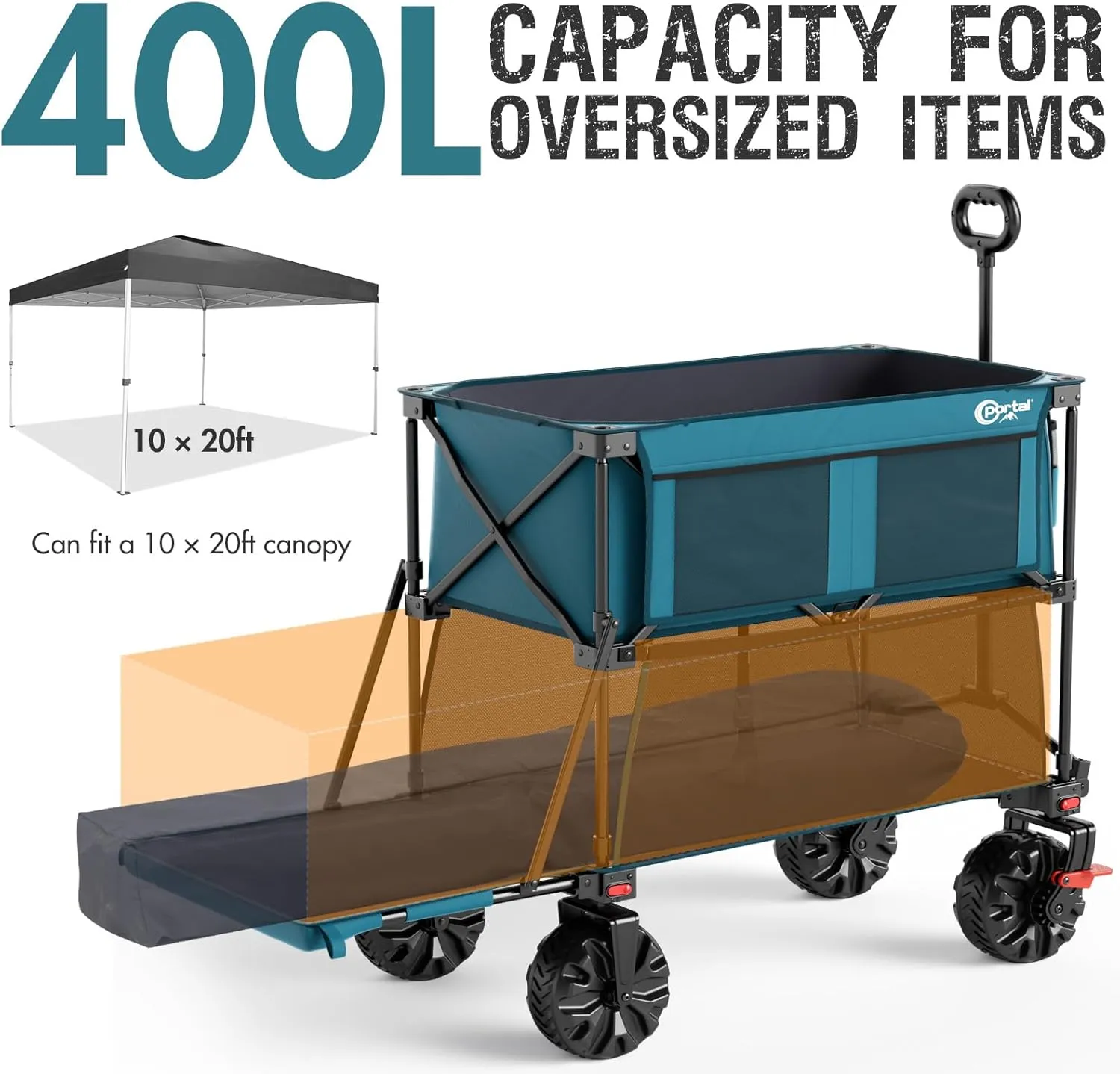 PORTAL 400L Large Capacity Collapsible Double Decker Wagon with Brakes, 450LB Heavy Duty Folding Cart with Tailgate, Foldable Utility Wagons for Camping, Beach, Garden, Sports, Shopping