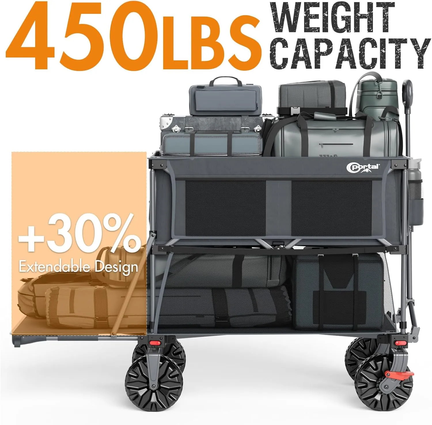 PORTAL 400L Large Capacity Collapsible Double Decker Wagon with Brakes, 450LB Heavy Duty Folding Cart with Tailgate, Foldable Utility Wagons for Camping, Beach, Garden, Sports, Shopping