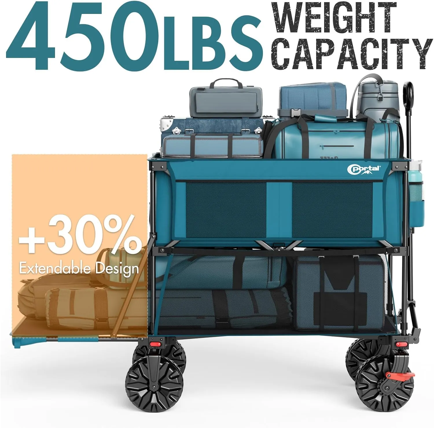 PORTAL 400L Large Capacity Collapsible Double Decker Wagon with Brakes, 450LB Heavy Duty Folding Cart with Tailgate, Foldable Utility Wagons for Camping, Beach, Garden, Sports, Shopping