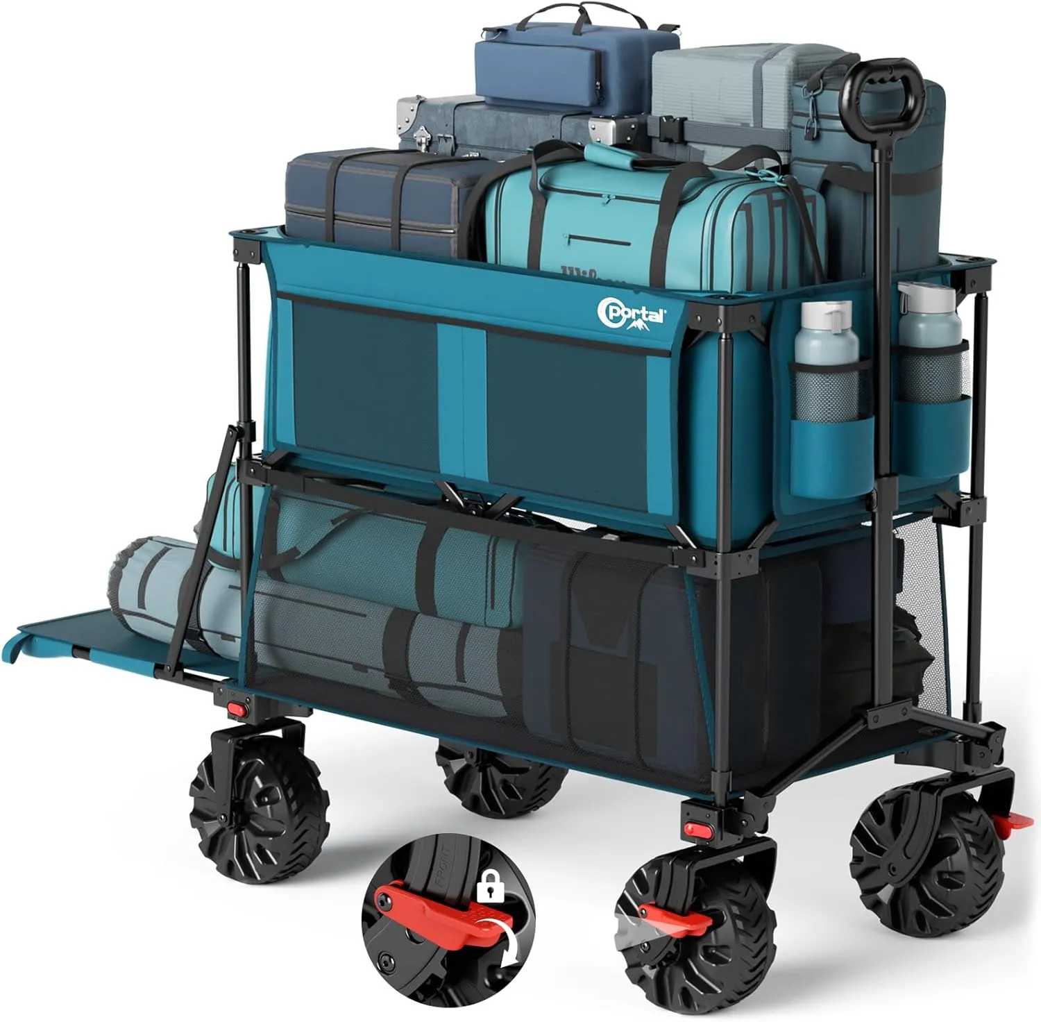 PORTAL 400L Large Capacity Collapsible Double Decker Wagon with Brakes, 450LB Heavy Duty Folding Cart with Tailgate, Foldable Utility Wagons for Camping, Beach, Garden, Sports, Shopping