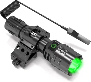 POVAST Picatinny Rail Tactical Flashlight Green Light with Offset Mount and Pressure Switch, Battery Included, Hog Coyote Hunting