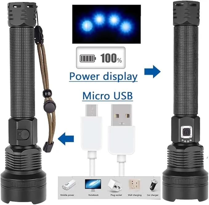 Powerful LED Flashlight Rechargeable, Super Bright 20000 Lumen 3 Modes Tactical Flashlight, Zoomable, Waterproof Large Handheld Flashlight for Outdoor, Patrol, Emergency Use