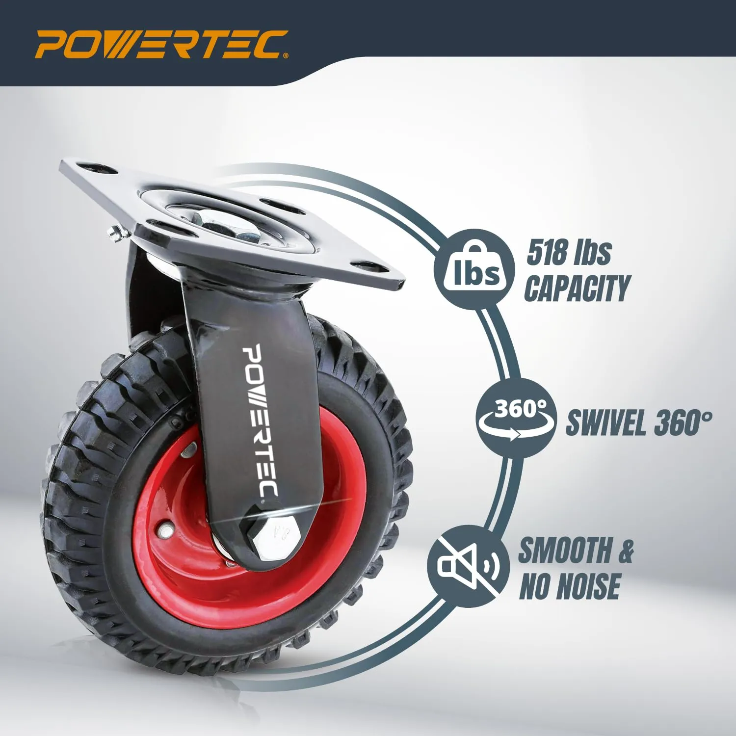 POWERTEC 8 Inch Caster Wheels Set of 4 (2 Swivel & 2 Fixed), Heavy Duty Casters w/Rubber Knobby Tread for Workbench, Dolly, Cart, Trolley, Wagon and Chicken Coop, Large Rubber Castor Wheels (17055V)