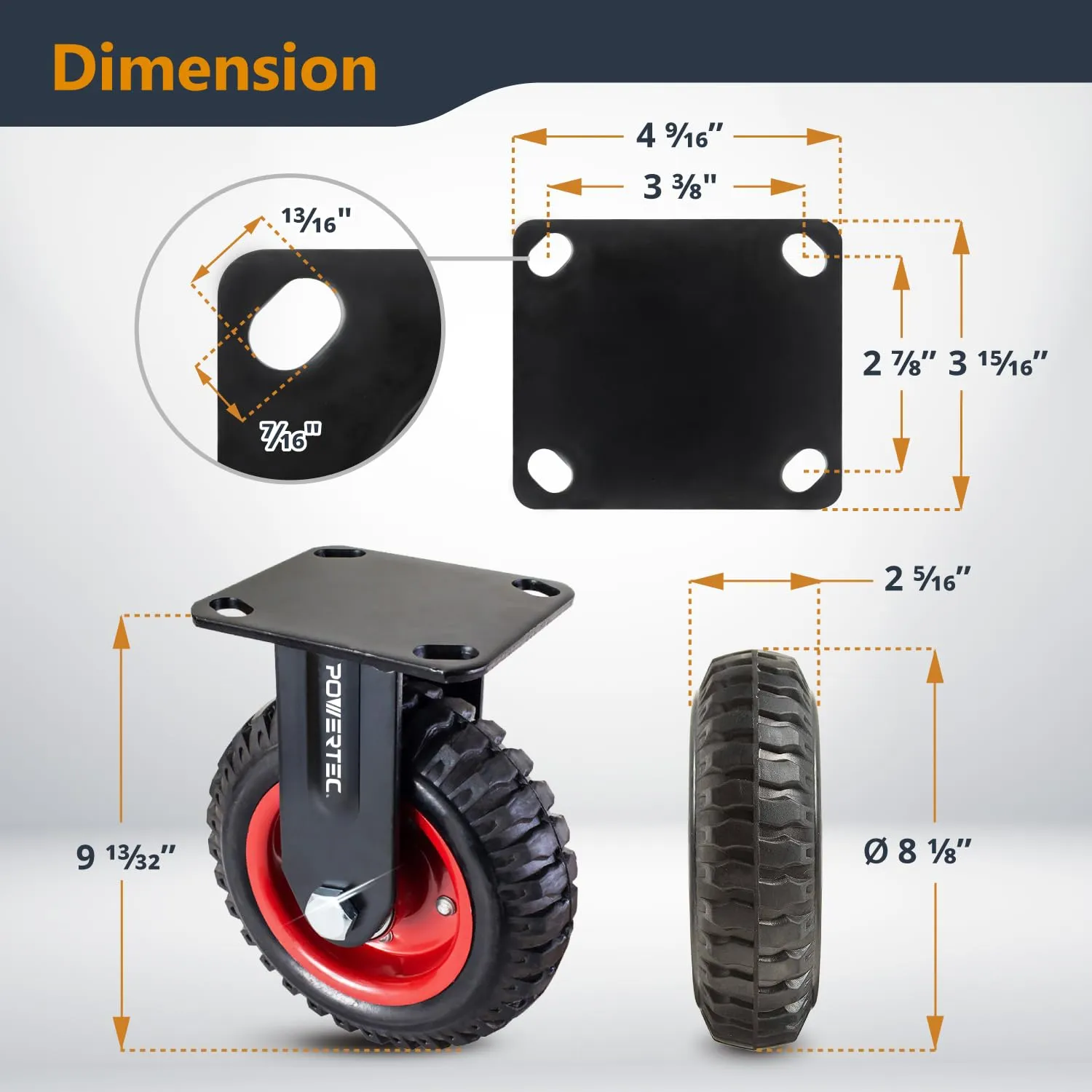 POWERTEC 8 Inch Caster Wheels Set of 4 (2 Swivel & 2 Fixed), Heavy Duty Casters w/Rubber Knobby Tread for Workbench, Dolly, Cart, Trolley, Wagon and Chicken Coop, Large Rubber Castor Wheels (17055V)