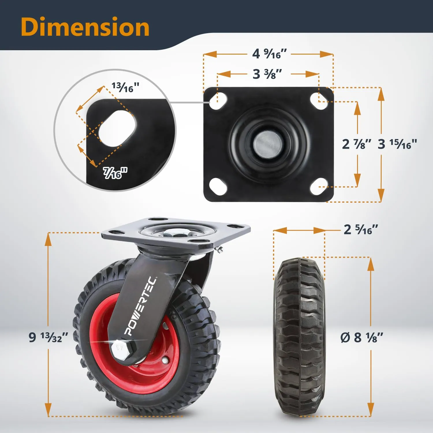POWERTEC 8 Inch Caster Wheels Set of 4 (2 Swivel & 2 Fixed), Heavy Duty Casters w/Rubber Knobby Tread for Workbench, Dolly, Cart, Trolley, Wagon and Chicken Coop, Large Rubber Castor Wheels (17055V)