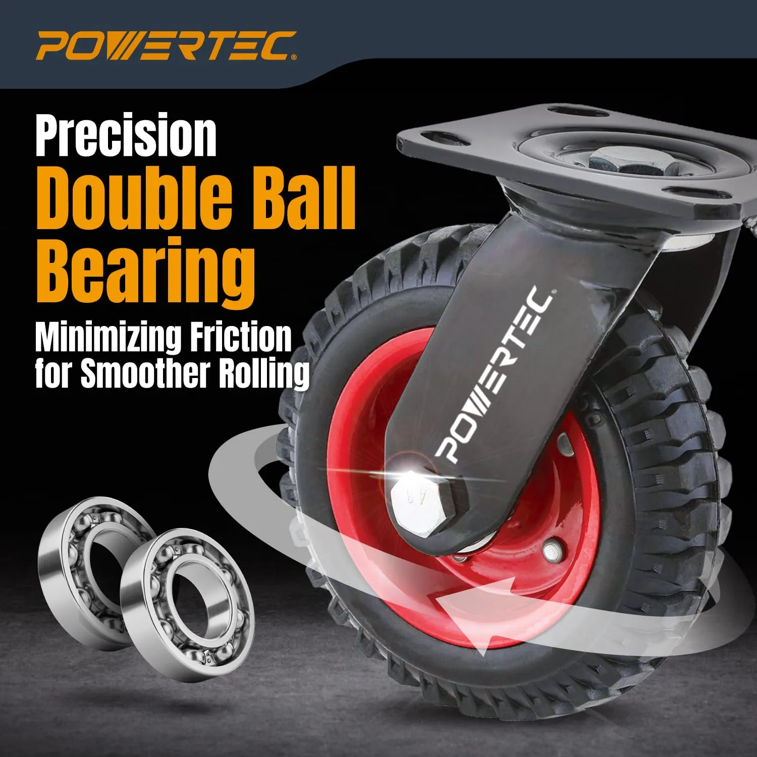 POWERTEC 8 Inch Caster Wheels Set of 4 (2 Swivel & 2 Fixed), Heavy Duty Casters w/Rubber Knobby Tread for Workbench, Dolly, Cart, Trolley, Wagon and Chicken Coop, Large Rubber Castor Wheels (17055V)