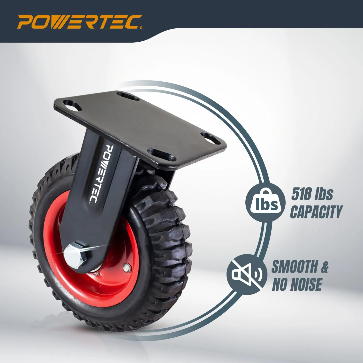 POWERTEC 8 Inch Caster Wheels Set of 4 (2 Swivel & 2 Fixed), Heavy Duty Casters w/Rubber Knobby Tread for Workbench, Dolly, Cart, Trolley, Wagon and Chicken Coop, Large Rubber Castor Wheels (17055V)