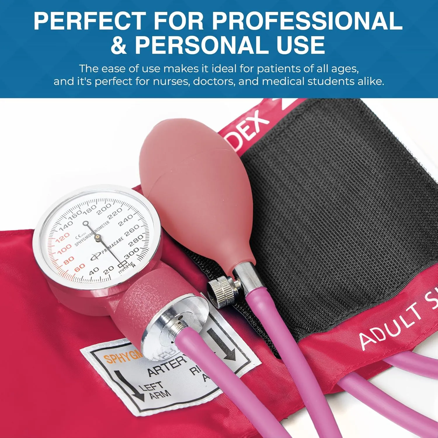 PrimaCare Medical DS-9197-PK Professional Classic Series Manual Adult Size Blood Pressure Kit, Emergency Bp kit with Stethoscope and Portable Leatherette Case, Nylon Cuff, Pink