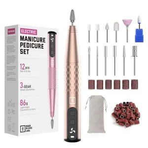 Professional Nail Drill Kit, Electric Nail File for Acrylic/Gel Nails,12 Bits, Adjustable Speeds, Portable Cordless Electric Nail Tools for Home & Salon Use