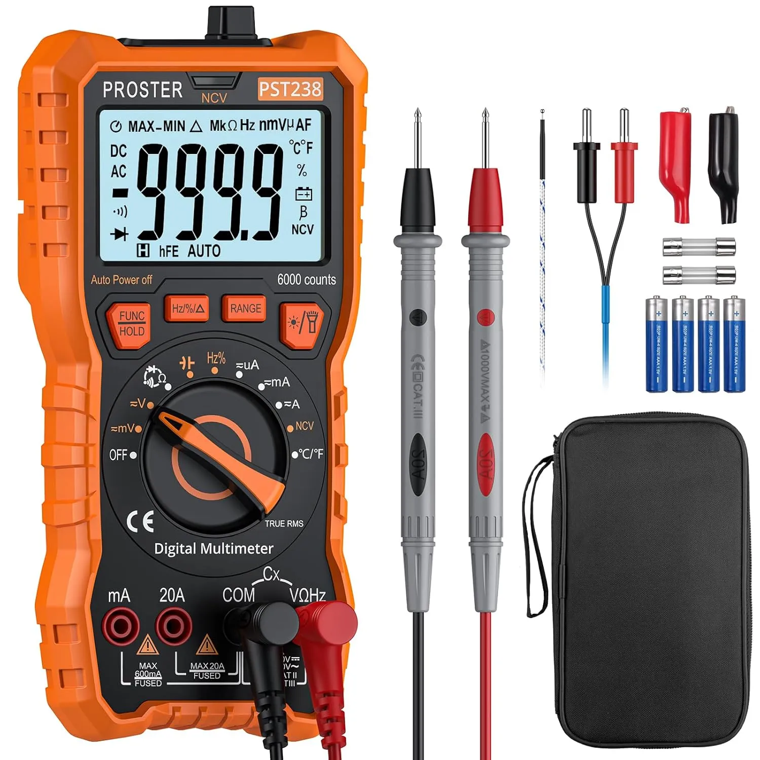 Proster Digital Multimeter 6000 Count - TRMS Voltmeter Multimetro Digital Auto Range Multimeter Tester, NCV Detector DC AC Voltage Current Meter