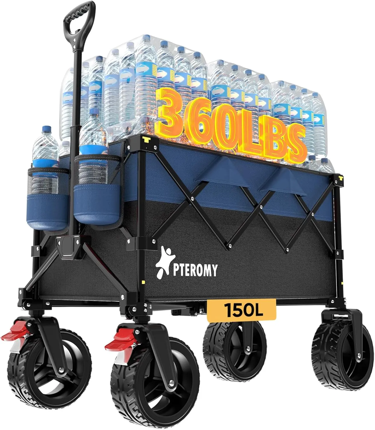 PTEROMY 150L Collapsible Wagon Cart Foldable, 360lbs Load Bearing Beach Cart Foldable Wagon for Shopping, Camping, Garden, Grocery, Outdoor (Black Blue)