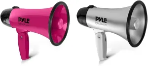 Pyle Silver Megaphone Speaker Siren Bullhorn - 20W Power, Compact & Portable, Includes Mic & Battery Operated w/Pink Megaphone Speaker Siren Bullhorn, Both w/ 2 Modes, PA Sounds & Foldable Handles