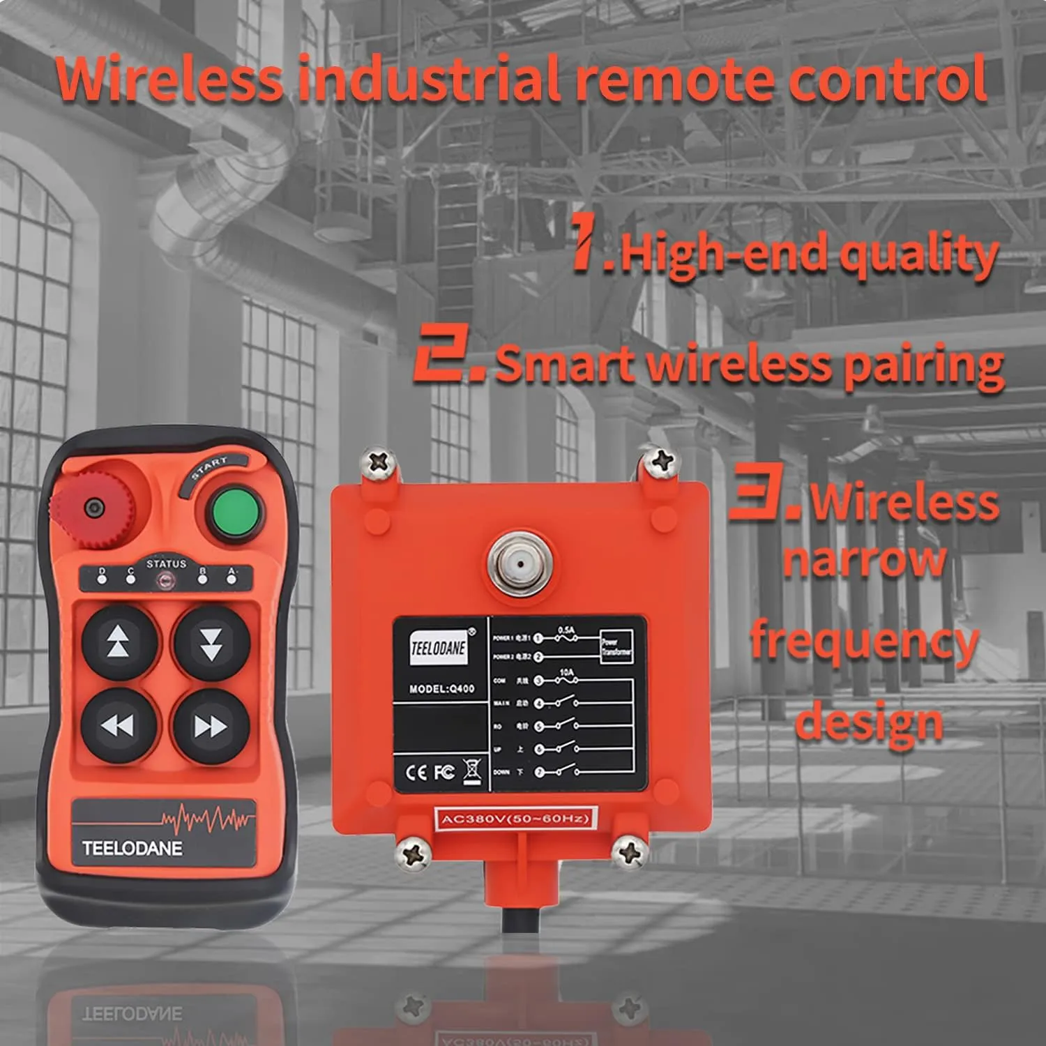 Q400 Industrial Wireless Crane Remote Control kit 4button 12v 24v Electric Lift Hoist Transmitter Receiver with Emergency Stop