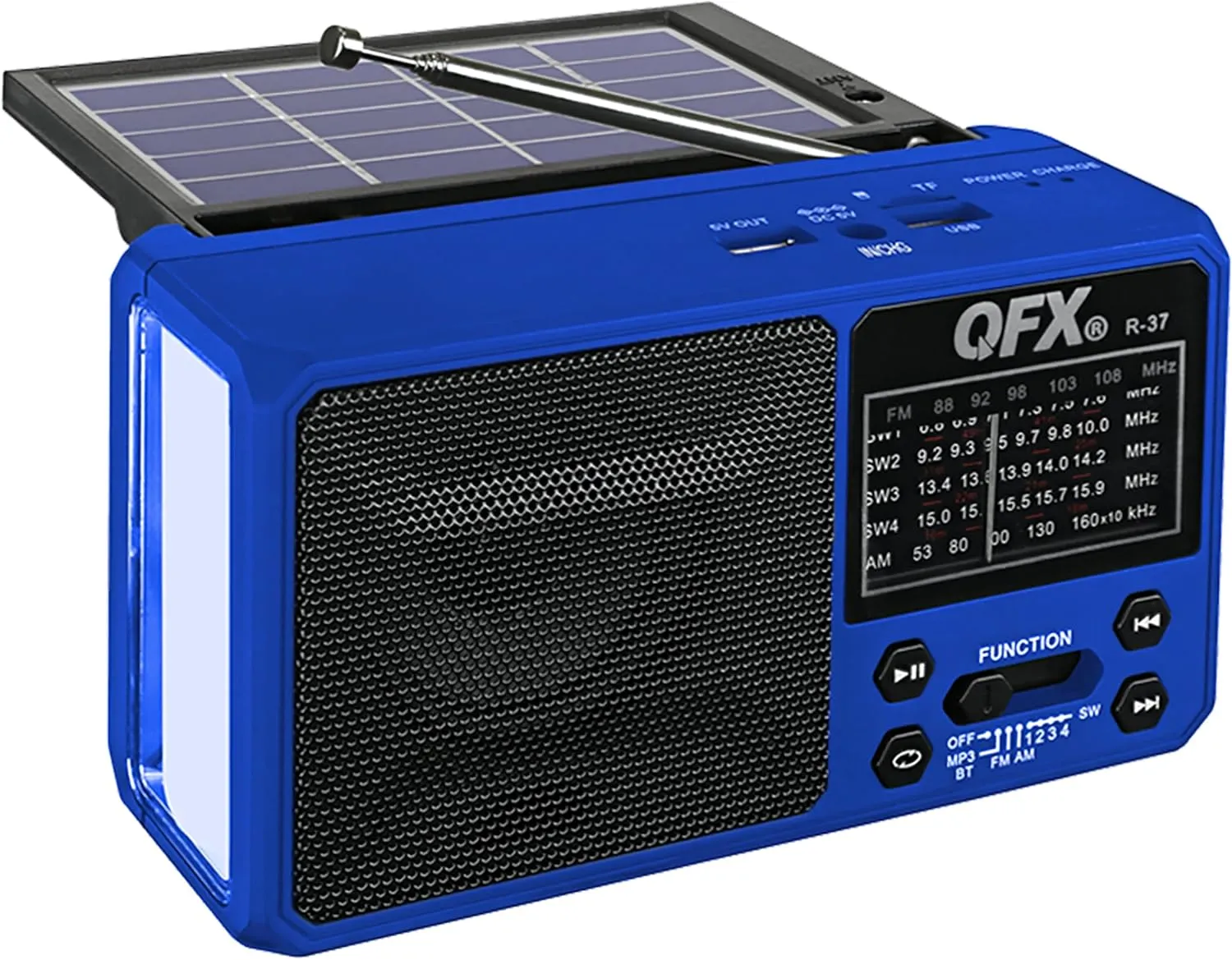 QFX R-37-BL 6-Band (AM, FM, SW1 - SW4) Bluetooth LED Flashlight Solar Radio (2021 Model)