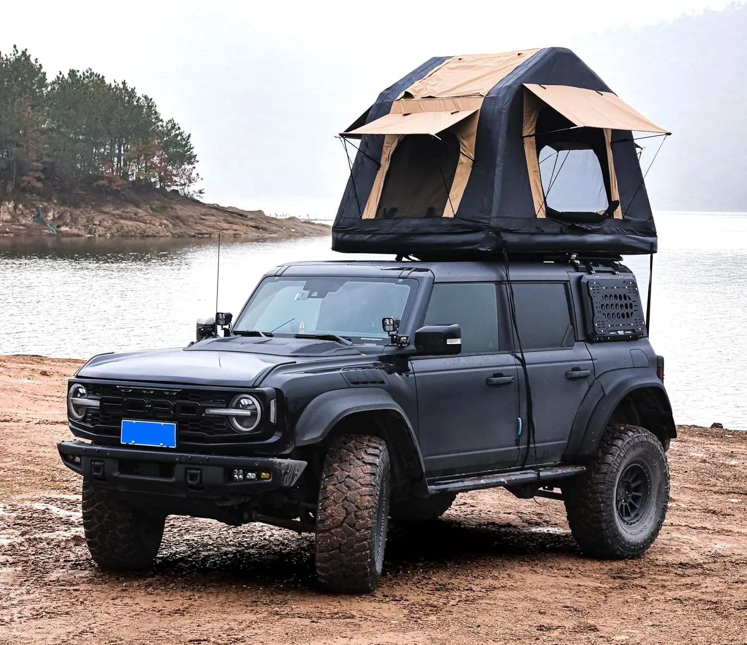 Quick Setup Amphibious Inflatable Roof Top Tent for Offroad Camping, Two Tone Khaki & Black with Ladder