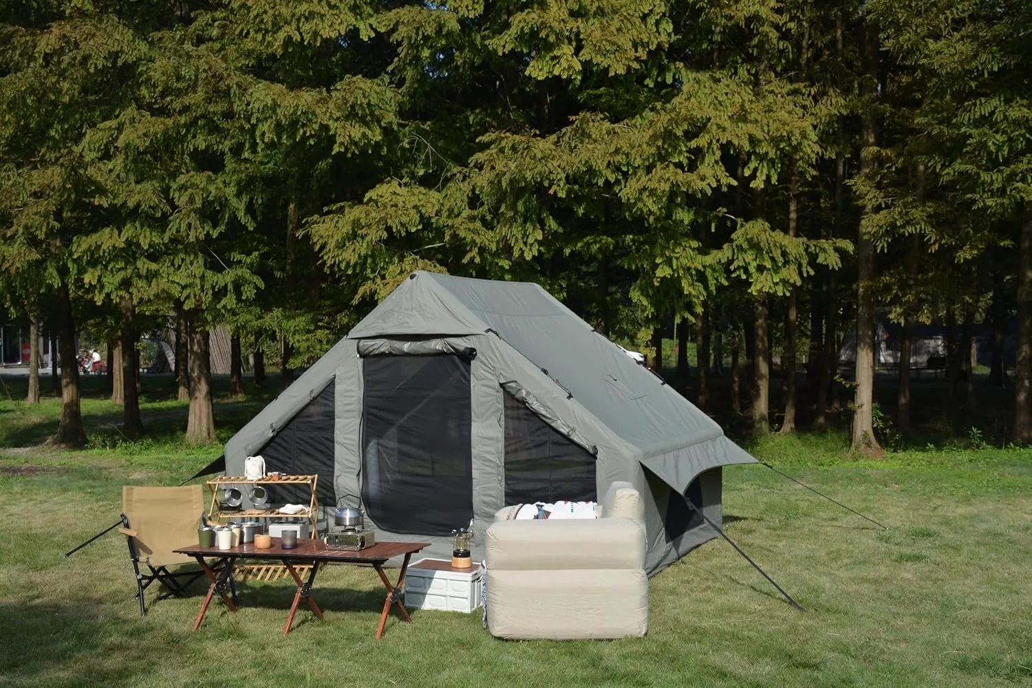 Quick Setup Inflatable Camping Tent for 4-6 People, Waterproof and Windproof, Outdoor Glamping Tent with Stove Jack, Beige