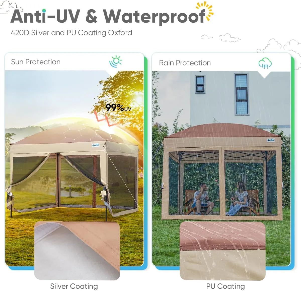 Quictent 6.6’x6.6’ Pop up Canopy Tent with Netting, Instant Setup Screen House Room Tent Screened- 2 Magnetic Doors, Waterproof (Khaki)