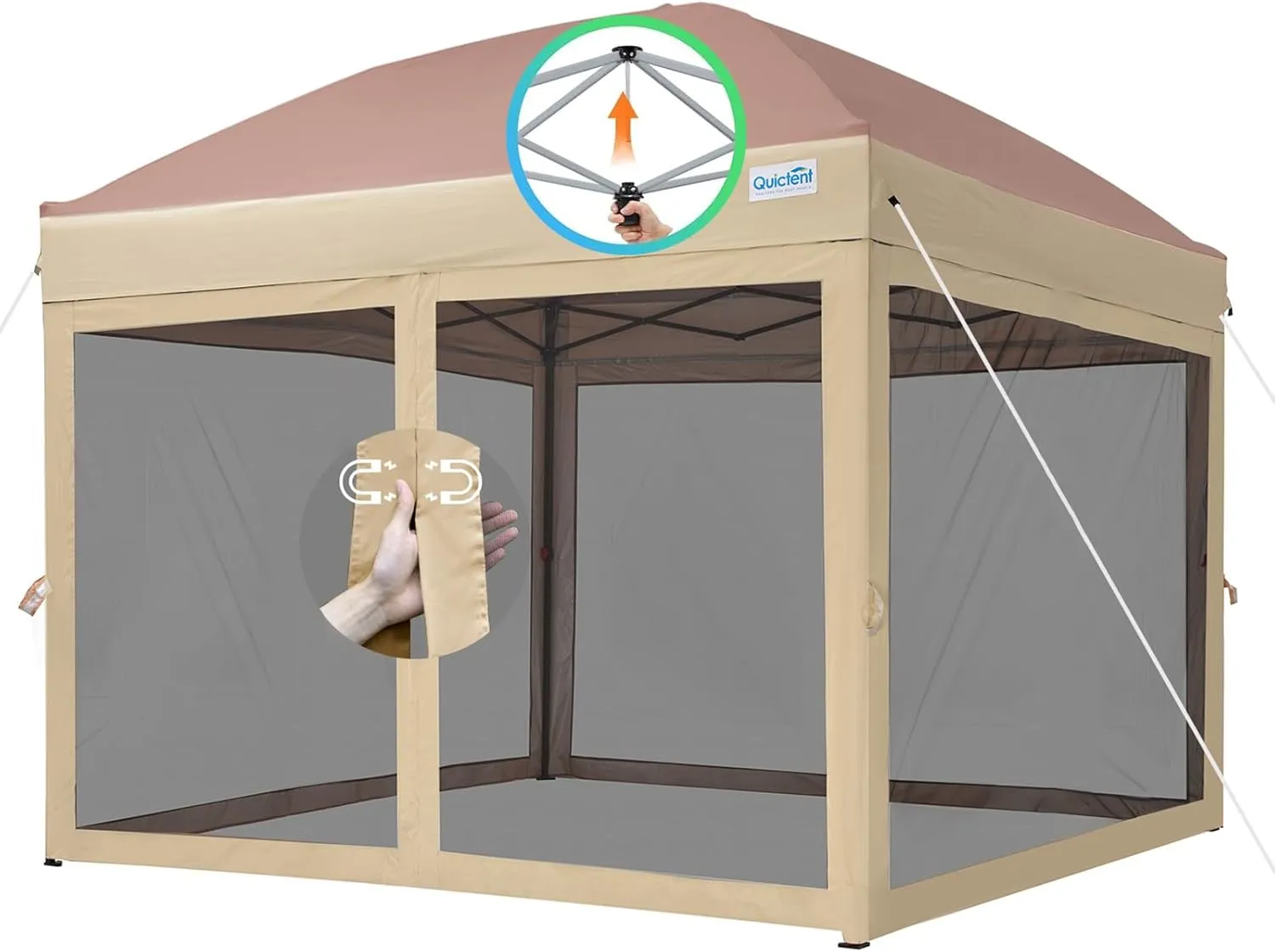 Quictent 6.6’x6.6’ Pop up Canopy Tent with Netting, Instant Setup Screen House Room Tent Screened- 2 Magnetic Doors, Waterproof (Khaki)