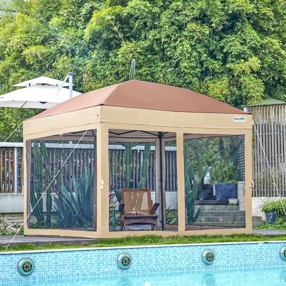 Quictent 6.6’x6.6’ Pop up Canopy Tent with Netting, Instant Setup Screen House Room Tent Screened- 2 Magnetic Doors, Waterproof (Khaki)
