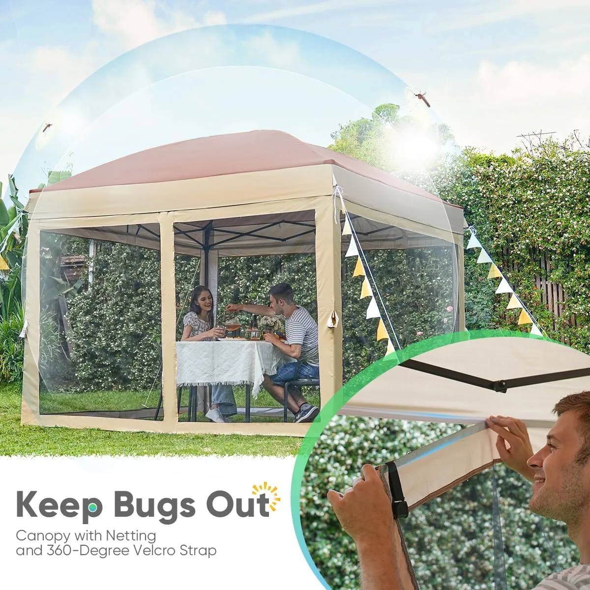 Quictent 6.6’x6.6’ Pop up Canopy Tent with Netting, Instant Setup Screen House Room Tent Screened- 2 Magnetic Doors, Waterproof (Khaki)