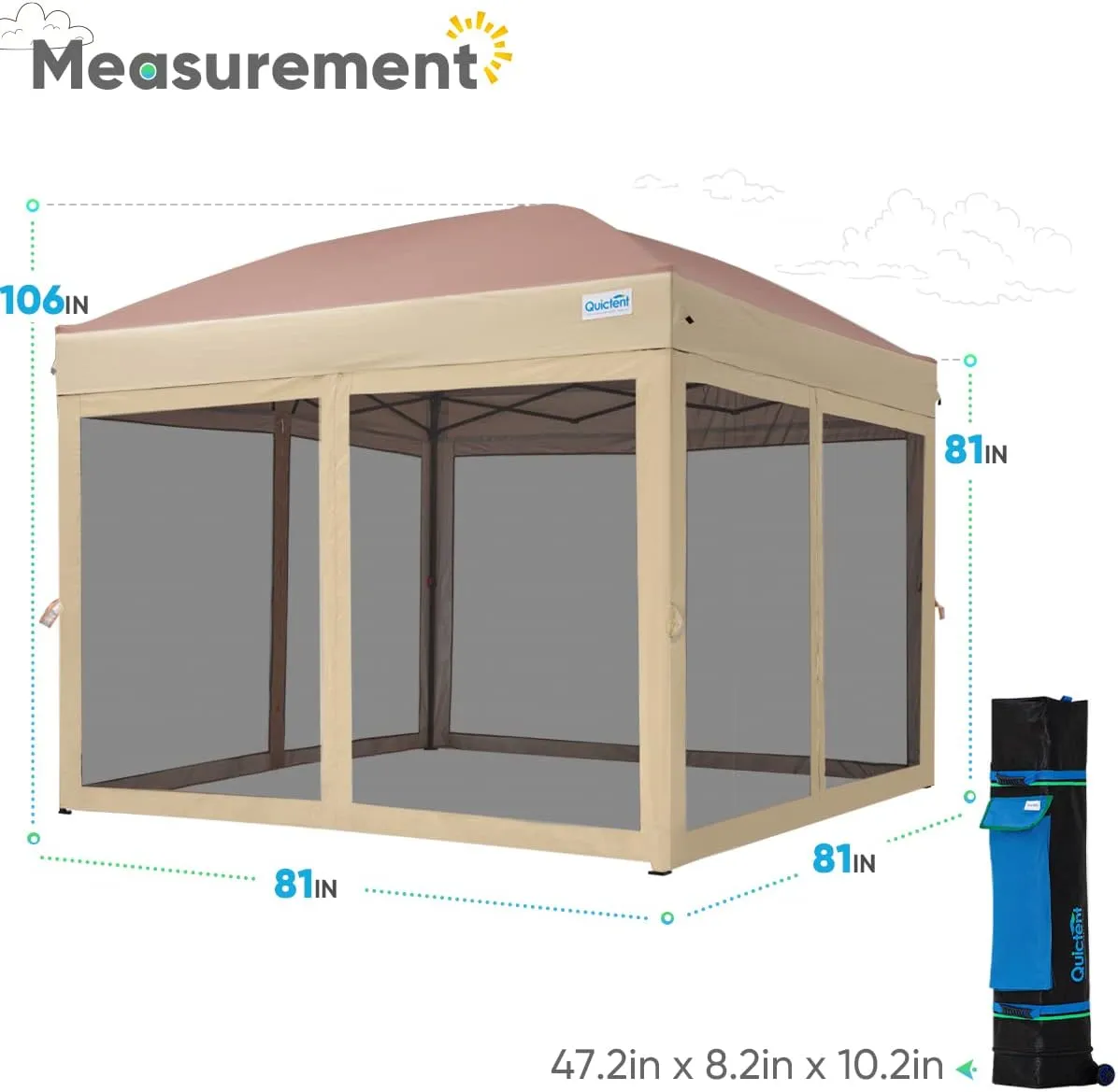 Quictent 6.6’x6.6’ Pop up Canopy Tent with Netting, Instant Setup Screen House Room Tent Screened- 2 Magnetic Doors, Waterproof (Khaki)