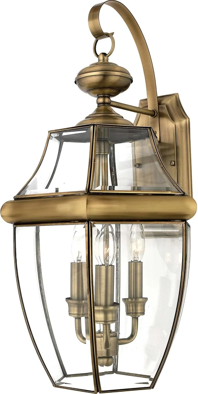 Quoizel NY8318A Newbury Outdoor Wall Lantern Wall Mount Lighting, 3-Light, 180 Watts, Antique Brass (23"H x 12"W)