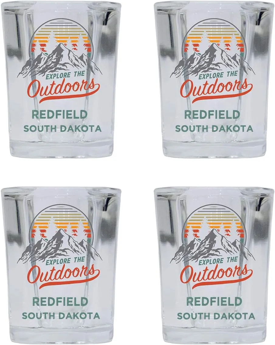 R and R Imports Redfield South Dakota Explore the Outdoors Souvenir 2 Ounce Square Base Liquor Shot Glass 4-Pack
